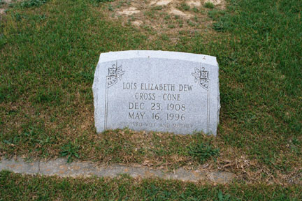 Lois Elizabeth Dew Cross (1908-1996) gravestone; wife of William Franklin Cross.<br>Source: Allen De
