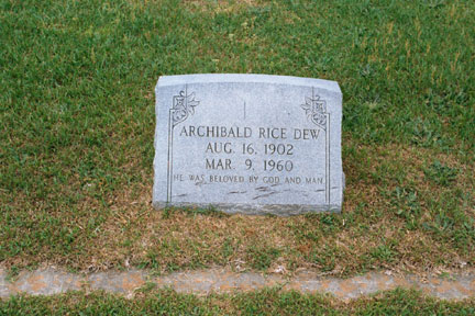 Archibald Rice Dew (1902-1960) gravestone.<br>Source: Allen Dew, Creedmoor, North Carolina