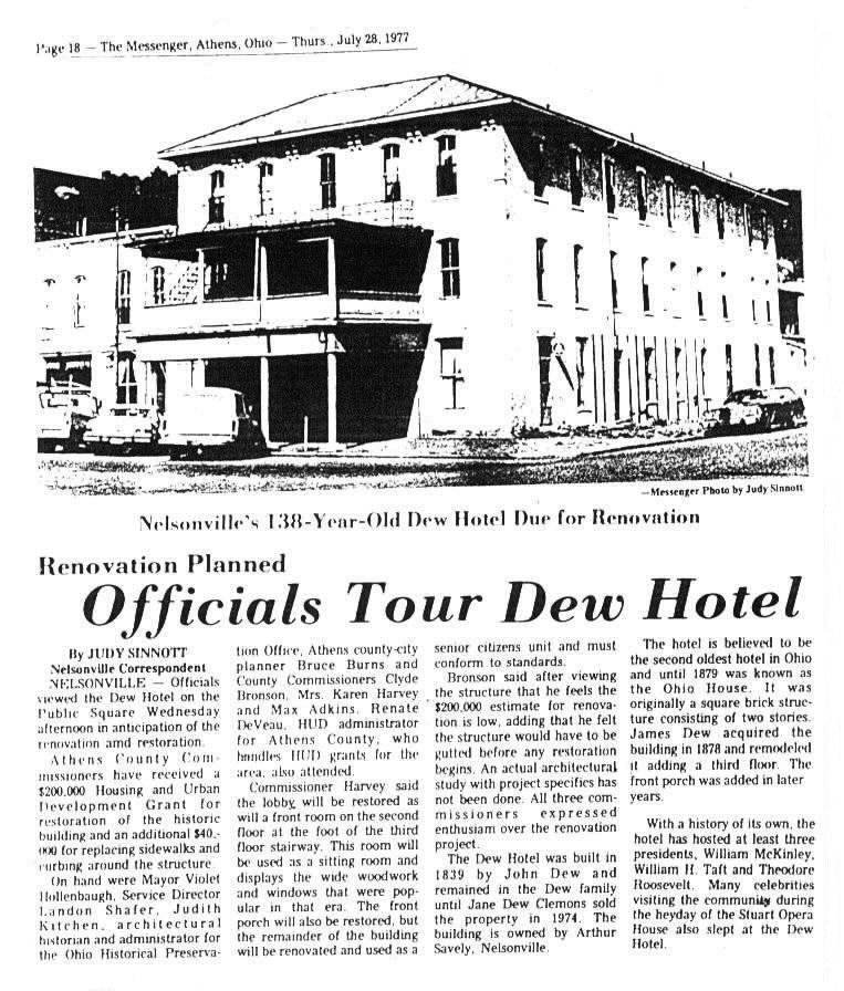 Dew Hotel in Nelsonville, Ohio article that appeared in 'The Messenger', Athen, Ohio on 28 Jul 1977.