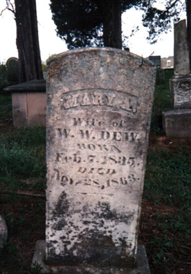 Mary Ann Anderson Dew (7 Feb 1835 - 28 Nov 1863) gravestone at Maple Springs Cemetery. Wife of Willi
