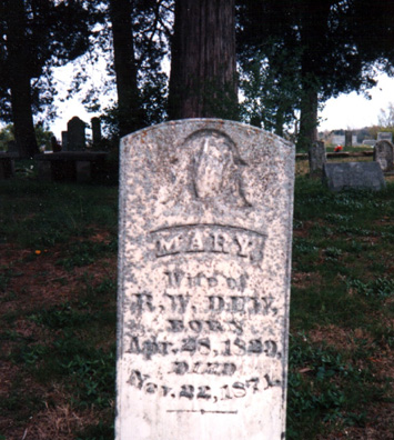 Mary Dew (28 Apr 1829 - 22 Nov 1871) gravestone at Maple Springs Cemetery. Wife of R.W. Dew.<br>Sour