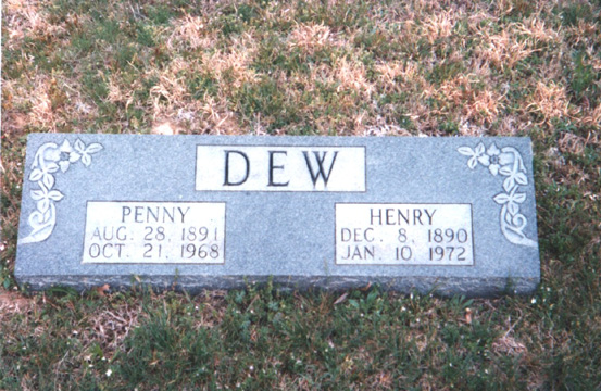 William Henry Dew (8 Dec 1890 - 10 Jan 1972) gravestone at Maple Springs Cemetery. His wife Penny De