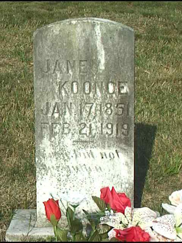 Jane Koonce (17 Jan 1851 - 21 Feb 1919) gravestone at Wesley Chapel Church Cemetery, Cloverdale AL.<