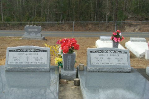 John A Koonce (17 Sep 1900 - 16 Mar 2000) gravestone at Ritchie Cemetery, Calcasieu Parish LA. Husba