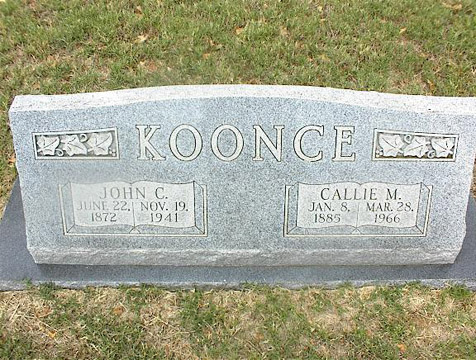John C. Koonce (22 Jun 1872 - 19 Nov 1941) and Callie M. Koonce (8 Jan 1885 - 28 Mar 1966) graveston