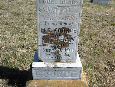 M.E. Koonce (14 Nov 1853 - 7 Sep 1911) gravestone at Callaway Cemetery, Callaway Cemetery Road, Tarr