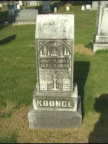 Mary E Koonce (9 Jul 1857 - 9 Sep 1938) gravestone at Wesley Chapel Church Cemetery, Cloverdale AL.<