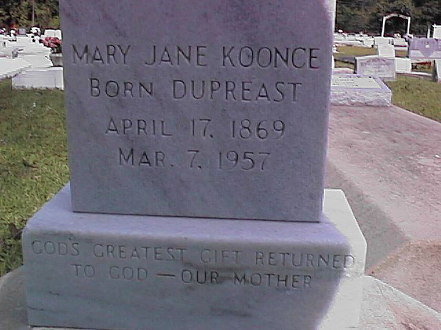 Mary Jane Dupreast Koonce (17 Apr 1869 - 7 Mar 1957) gravestone at Ritchie Cemetery, Calcasieu Paris