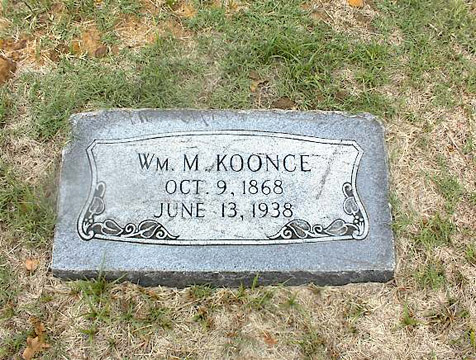 William M. Koonce (9 Oct 1868 - 13 Jun 1938) gravestone at Grapevine Cemetery, Tarrant County Texas.