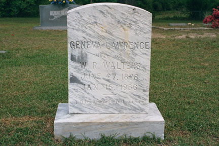 Geneva Lawrence Walters (1878-1936) gravestone, Brassfield Church Cemetery, Wilton NC.<br>Source: Al